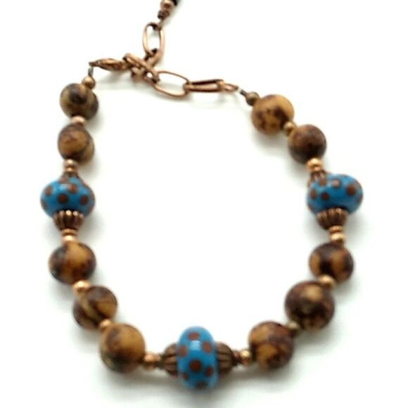 Artisan Koa Bracelet-Anklet Glass Lampwork Beads Copper-tone Spacers & Chain - Picture 2 of 11